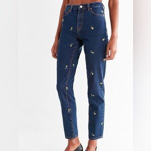 BDG Urban Outfitters Mom Jean Slim Buttercup Yellow Rose Embroidered